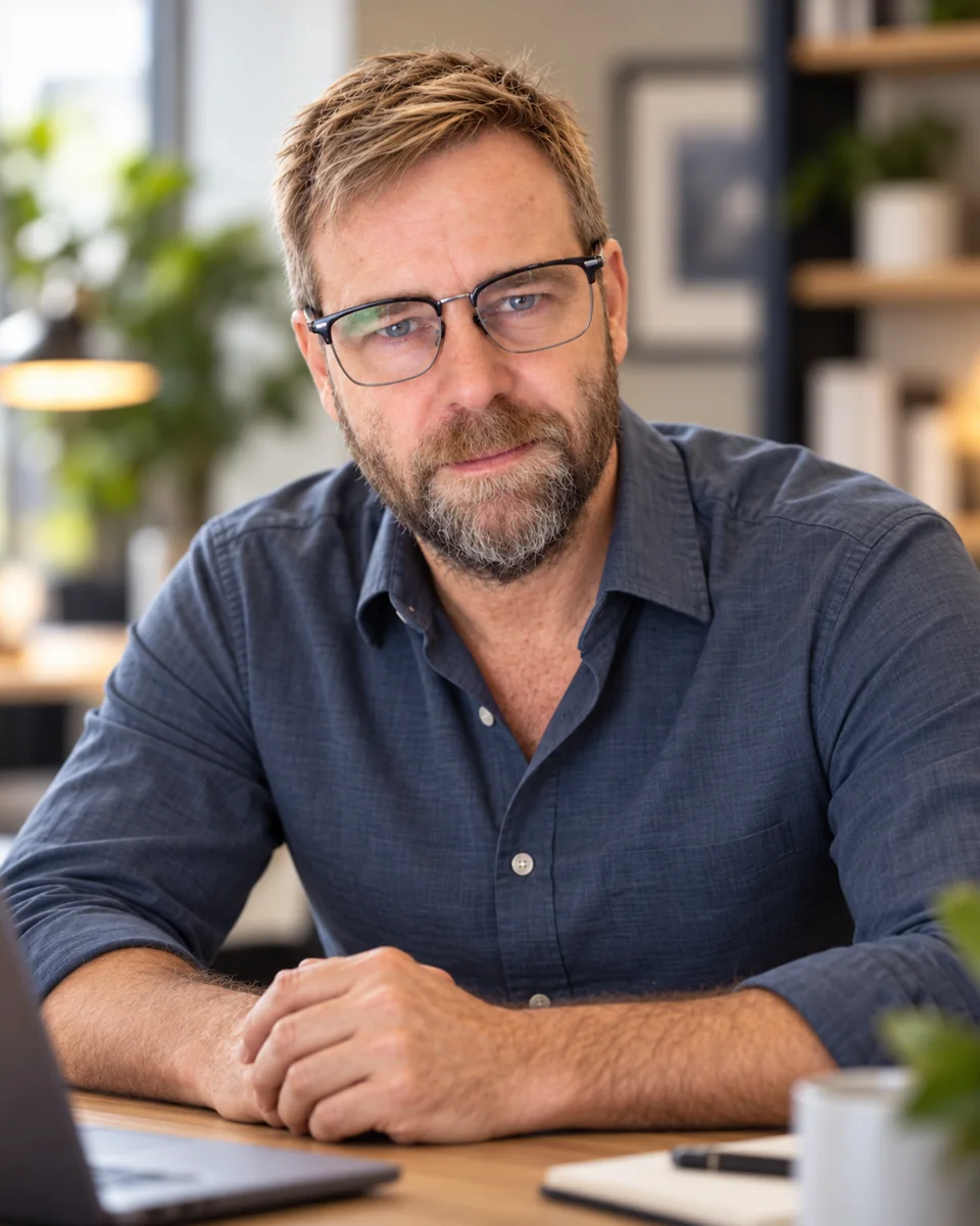 Brad seated at a desk, facing the camera with his hands resting on the table